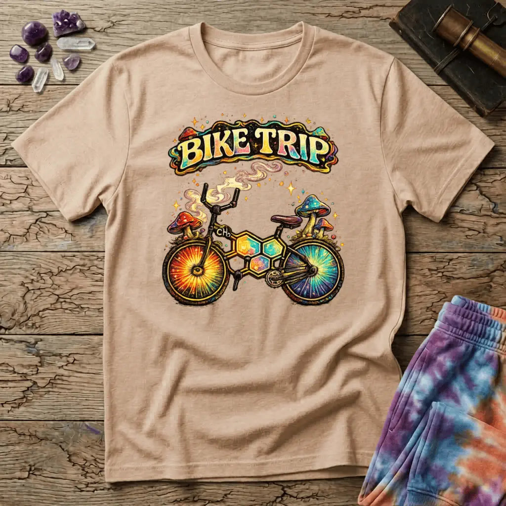 Rainbow bicycle built from molecular hexagons with mushrooms on the handlebars and sunburst wheels, on a unisex t-shirt
