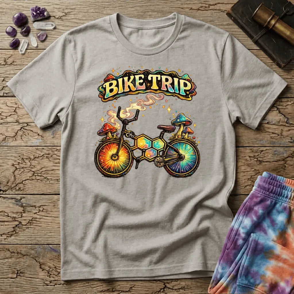 Rainbow bicycle built from molecular hexagons with mushrooms on the handlebars and sunburst wheels, on a unisex t-shirt