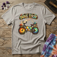 Rainbow bicycle built from molecular hexagons with mushrooms on the handlebars and sunburst wheels, on a unisex t-shirt