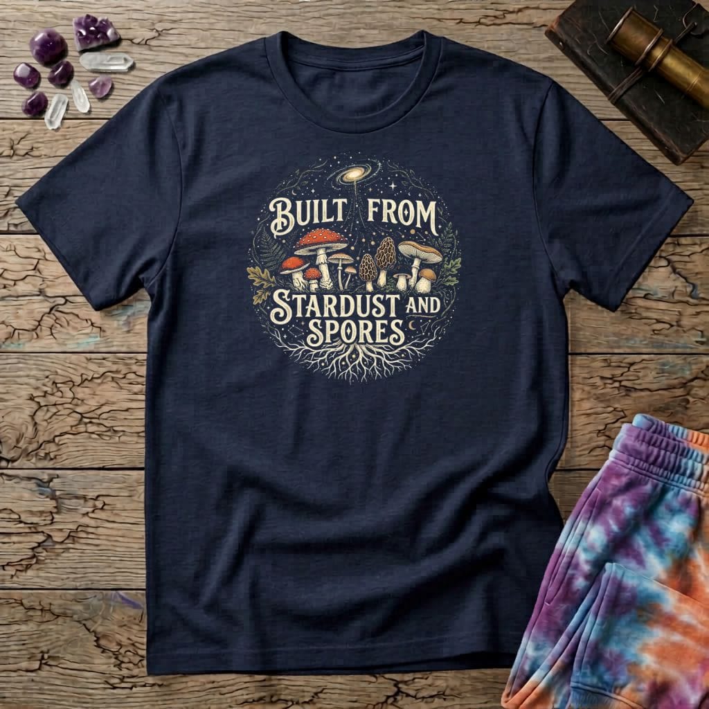 Printify T-Shirt Built From Stardust and Spores Mushroom T-Shirt Mushroom Magic Mushroom T-Shirt