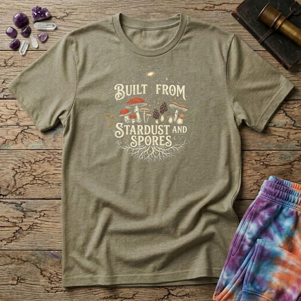 Printify T-Shirt Built From Stardust and Spores Mushroom T-Shirt Mushroom Magic Mushroom T-Shirt