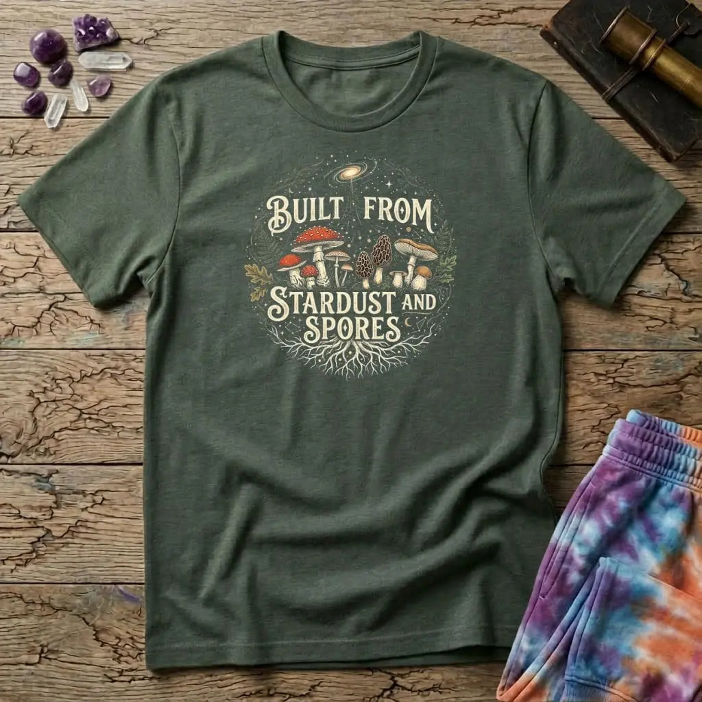 Printify T-Shirt Built From Stardust and Spores Mushroom T-Shirt Mushroom Magic Mushroom T-Shirt