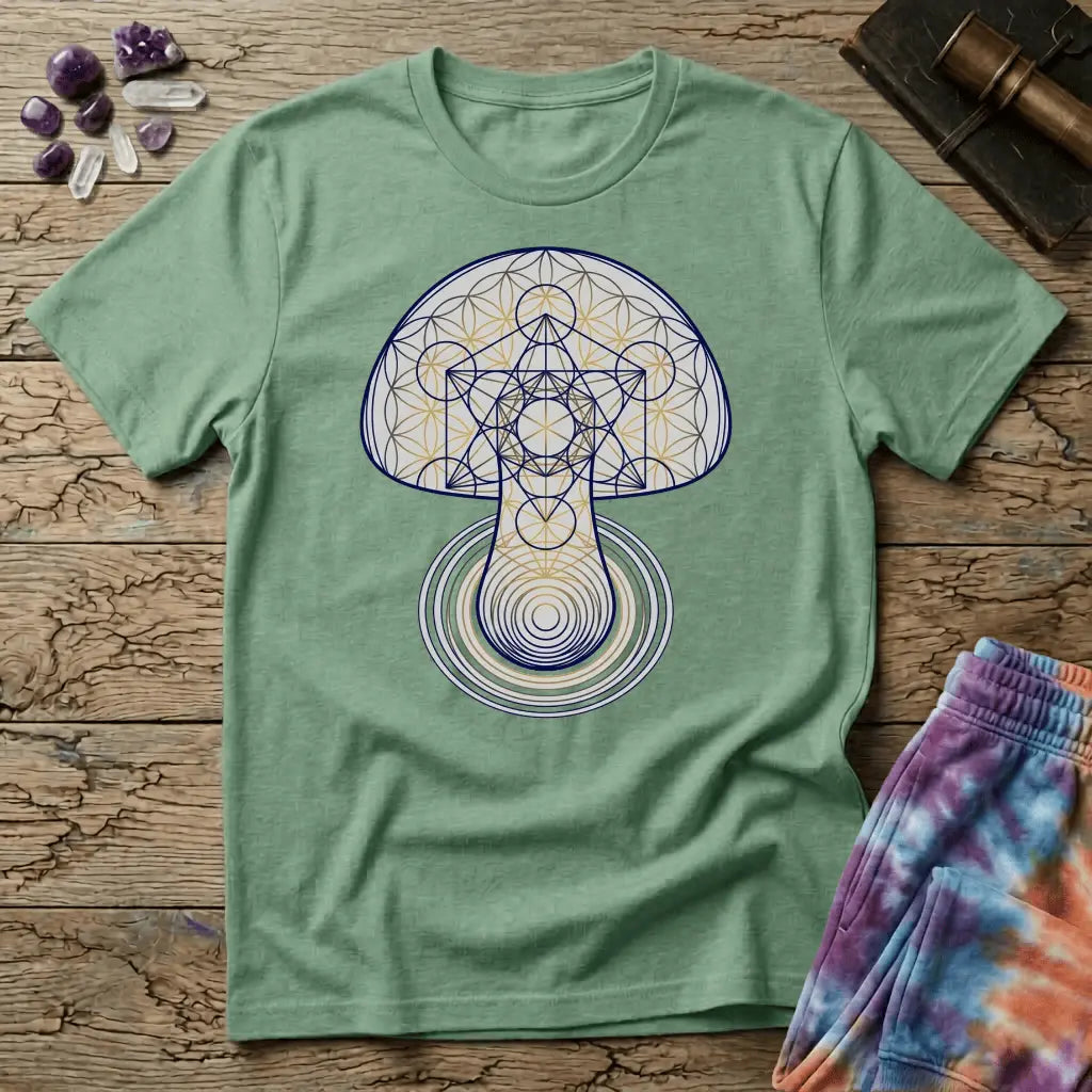 Mushroom drawn in sacred geometry, flower-of-life circles and gold linework over concentric rings, on a unisex t-shirt