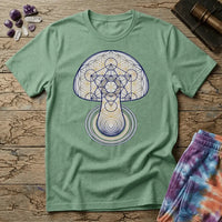 Mushroom drawn in sacred geometry, flower-of-life circles and gold linework over concentric rings, on a unisex t-shirt