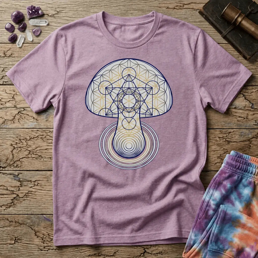 Mushroom drawn in sacred geometry, flower-of-life circles and gold linework over concentric rings, on a unisex t-shirt