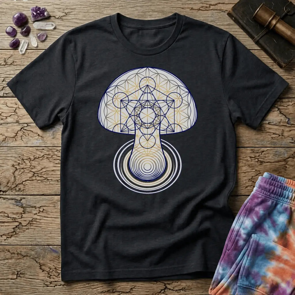 Mushroom drawn in sacred geometry, flower-of-life circles and gold linework over concentric rings, on a unisex t-shirt