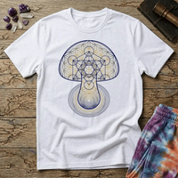 Mushroom drawn in sacred geometry, flower-of-life circles and gold linework over concentric rings, on a unisex t-shirt