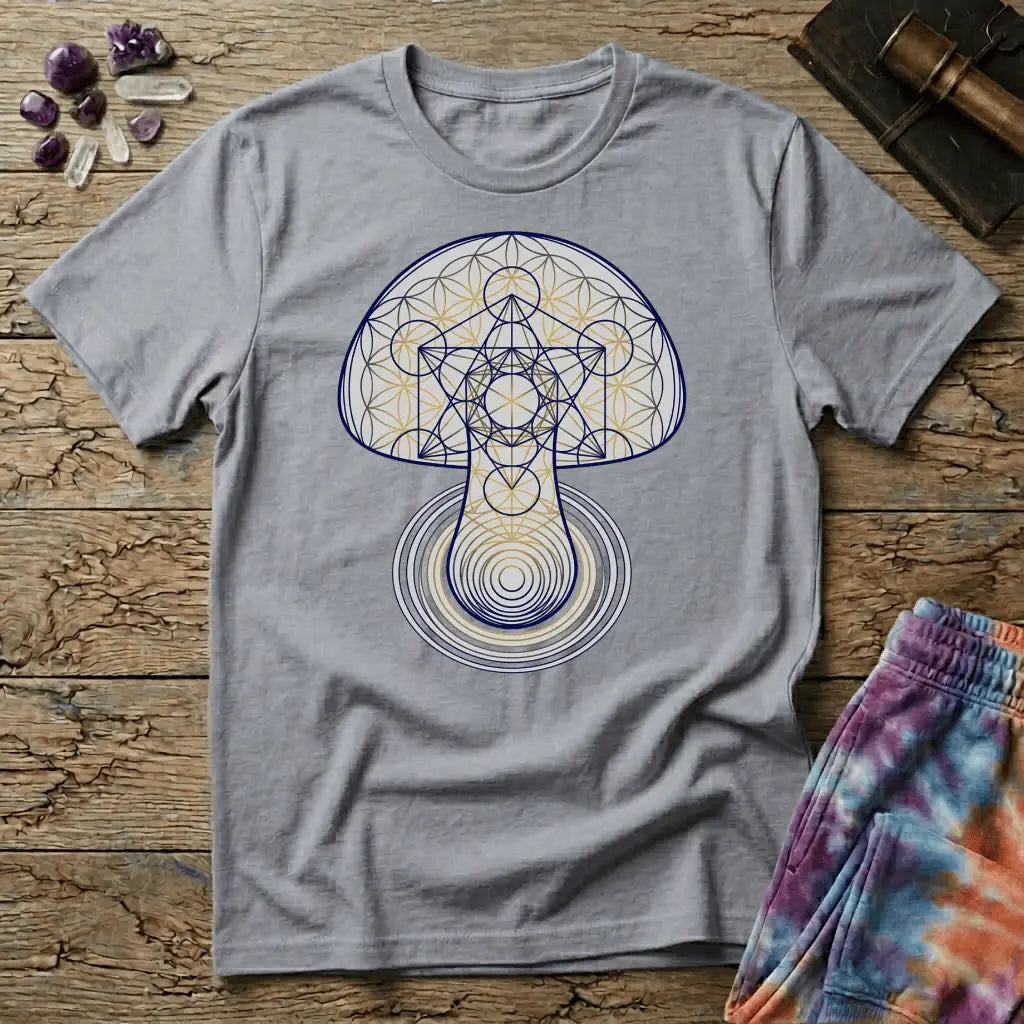 Mushroom drawn in sacred geometry, flower-of-life circles and gold linework over concentric rings, on a unisex t-shirt