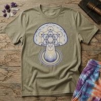 Mushroom drawn in sacred geometry, flower-of-life circles and gold linework over concentric rings, on a unisex t-shirt