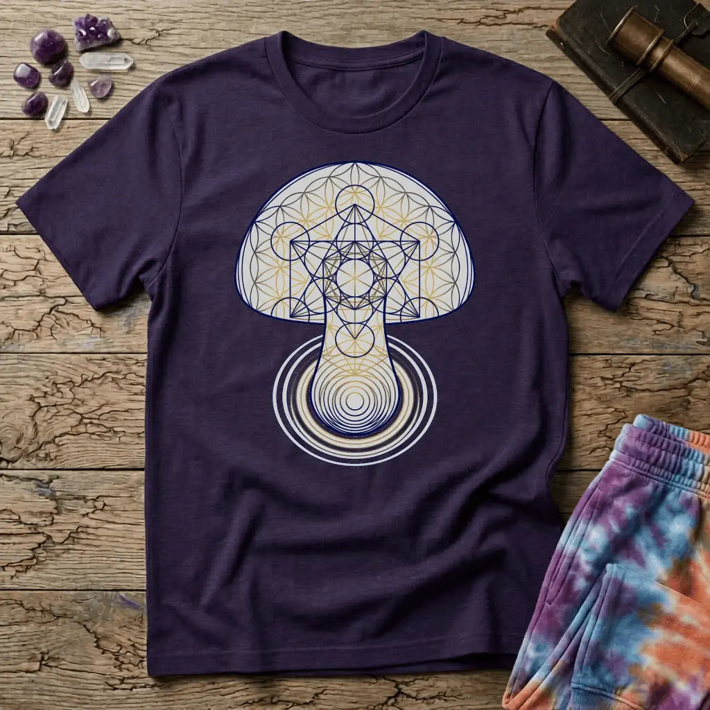 Mushroom drawn in sacred geometry, flower-of-life circles and gold linework over concentric rings, on a unisex t-shirt