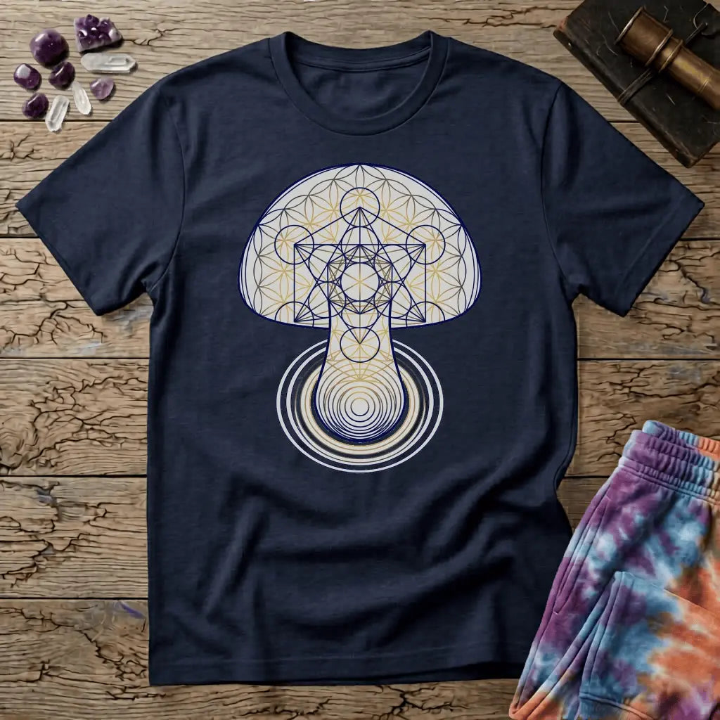 Mushroom drawn in sacred geometry, flower-of-life circles and gold linework over concentric rings, on a unisex t-shirt