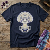 Mushroom drawn in sacred geometry, flower-of-life circles and gold linework over concentric rings, on a unisex t-shirt