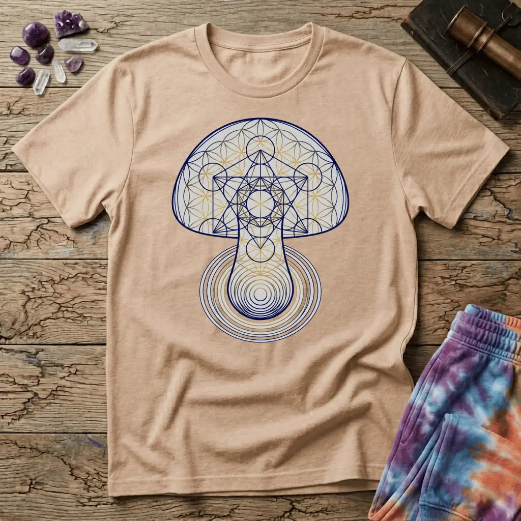 Mushroom drawn in sacred geometry, flower-of-life circles and gold linework over concentric rings, on a unisex t-shirt