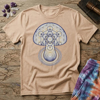 Mushroom drawn in sacred geometry, flower-of-life circles and gold linework over concentric rings, on a unisex t-shirt