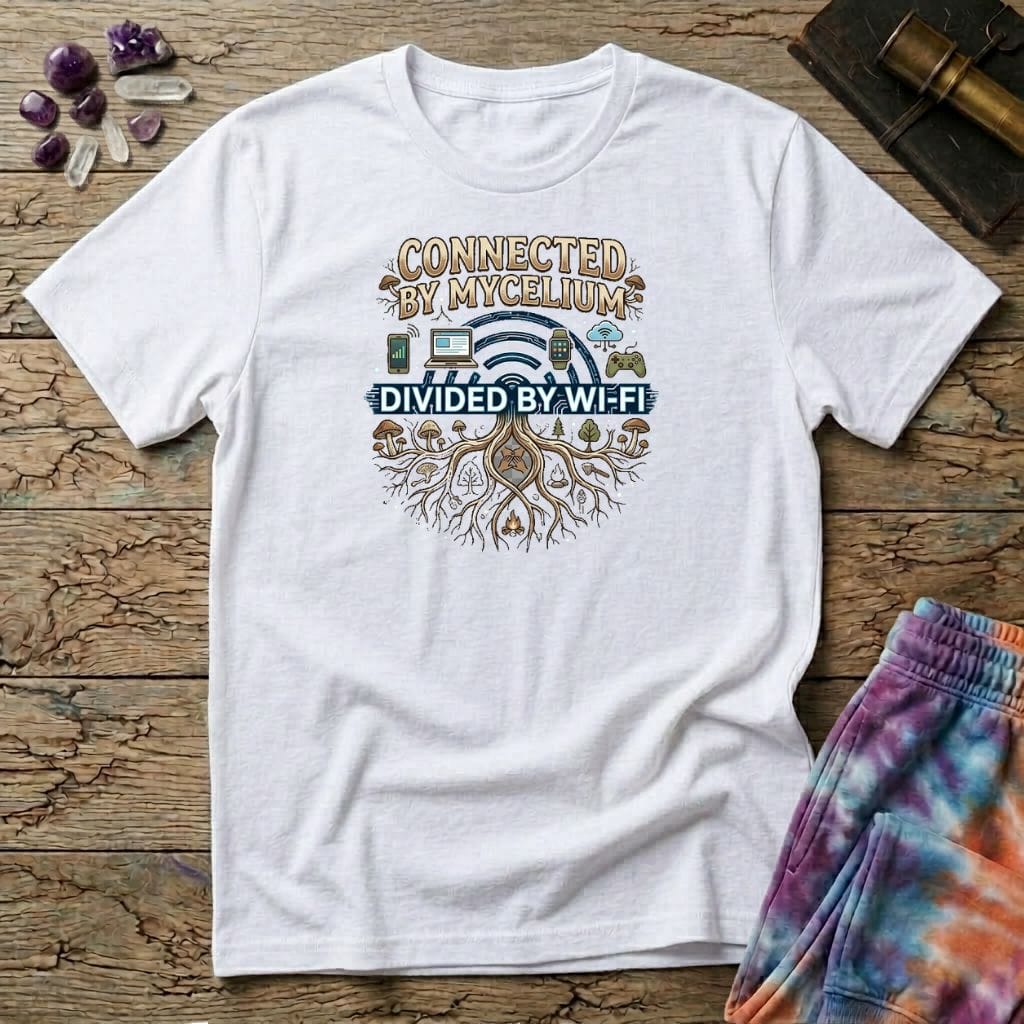 Printify T-Shirt Connected by Mycelium Divided By Wi-Fi T-Shirt Mushroom Magic Mushroom T-Shirt
