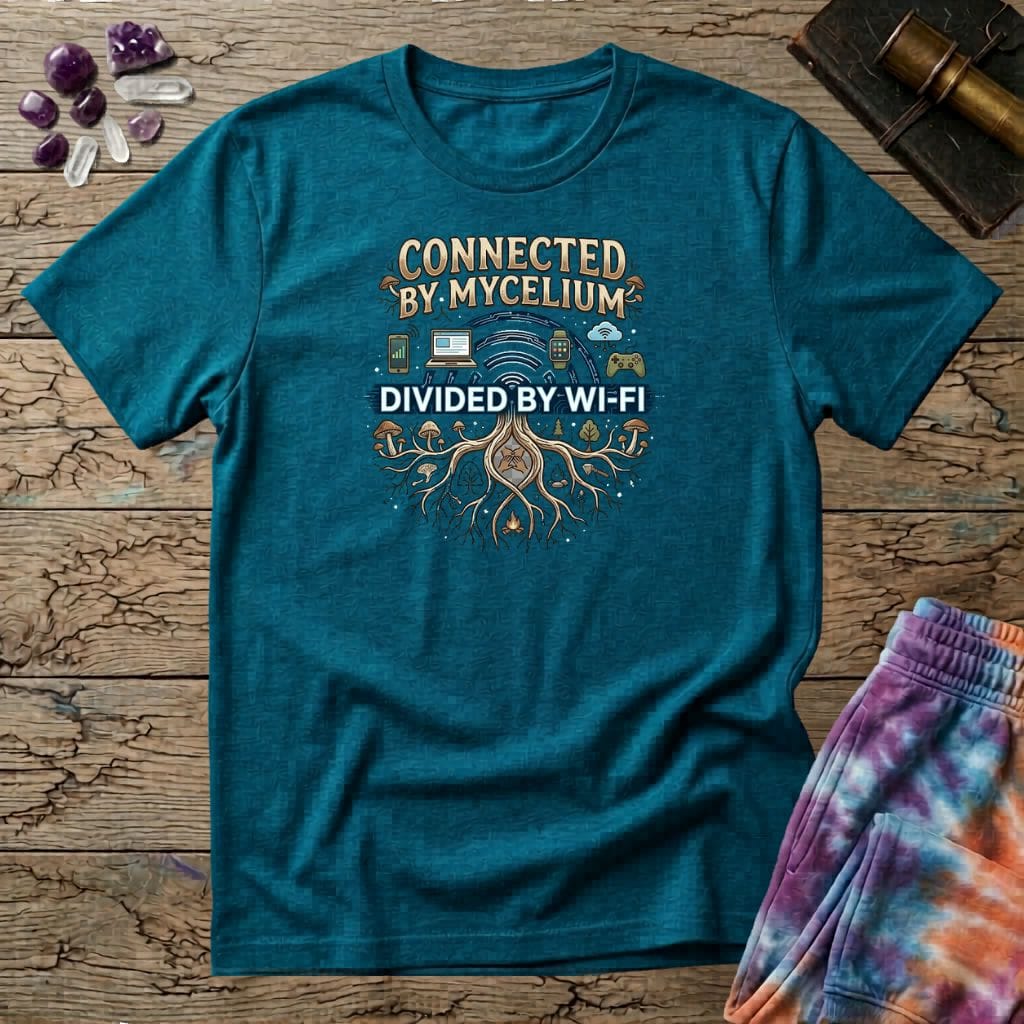 Printify T-Shirt Connected by Mycelium Divided By Wi-Fi T-Shirt Mushroom Magic Mushroom T-Shirt