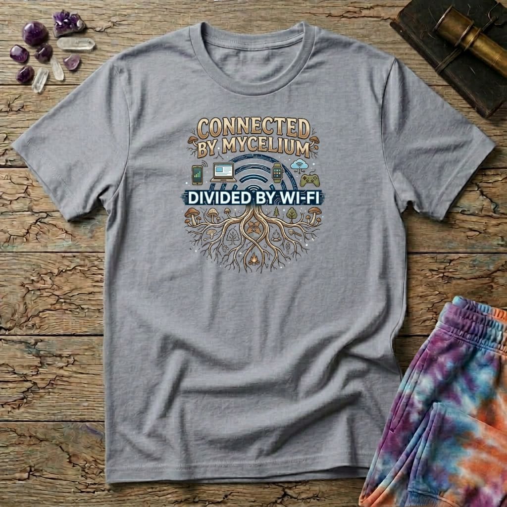 Printify T-Shirt Connected by Mycelium Divided By Wi-Fi T-Shirt Mushroom Magic Mushroom T-Shirt
