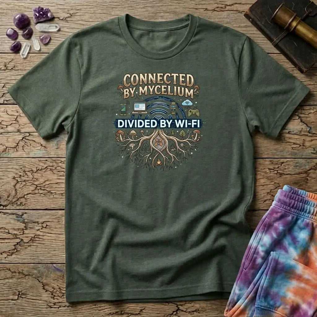 Printify T-Shirt Connected by Mycelium Divided By Wi-Fi T-Shirt Mushroom Magic Mushroom T-Shirt