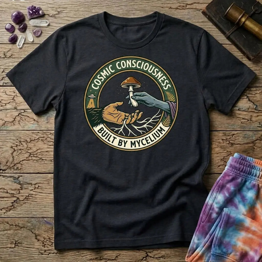 Printify T-Shirt Cosmic Consciousness Built By Mycelium T-Shirt Mushroom Magic Mushroom T-Shirt