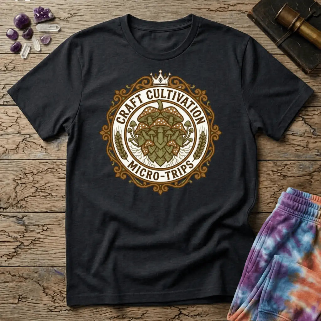 Vintage brewery-style badge with a cluster of mushrooms, wheat sprigs and a crown, reading Craft Cultivation Micro-Trips, on a unisex t-shirt