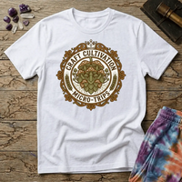 Vintage brewery-style badge with a cluster of mushrooms, wheat sprigs and a crown, reading Craft Cultivation Micro-Trips, on a unisex t-shirt