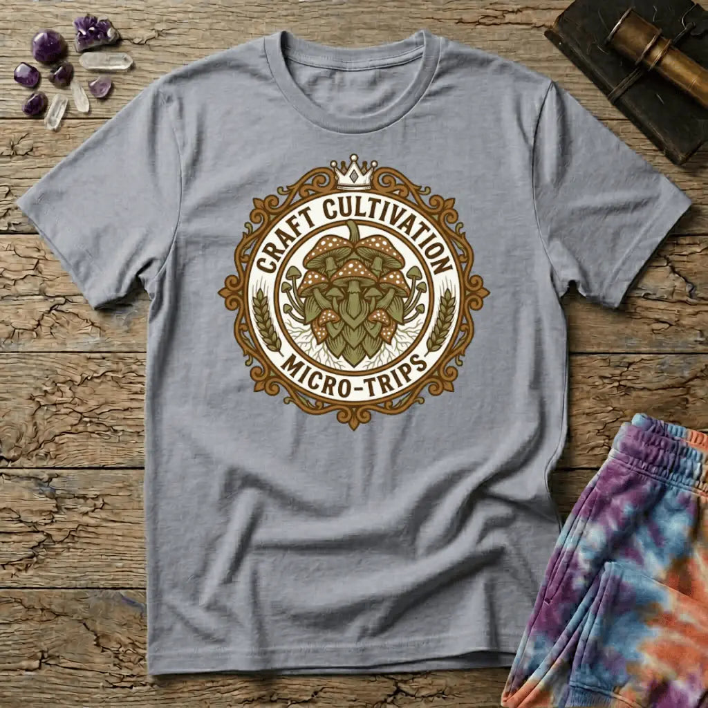 Vintage brewery-style badge with a cluster of mushrooms, wheat sprigs and a crown, reading Craft Cultivation Micro-Trips, on a unisex t-shirt