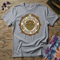 Vintage brewery-style badge with a cluster of mushrooms, wheat sprigs and a crown, reading Craft Cultivation Micro-Trips, on a unisex t-shirt