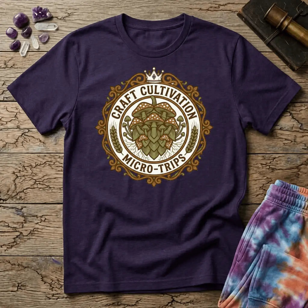 Vintage brewery-style badge with a cluster of mushrooms, wheat sprigs and a crown, reading Craft Cultivation Micro-Trips, on a unisex t-shirt
