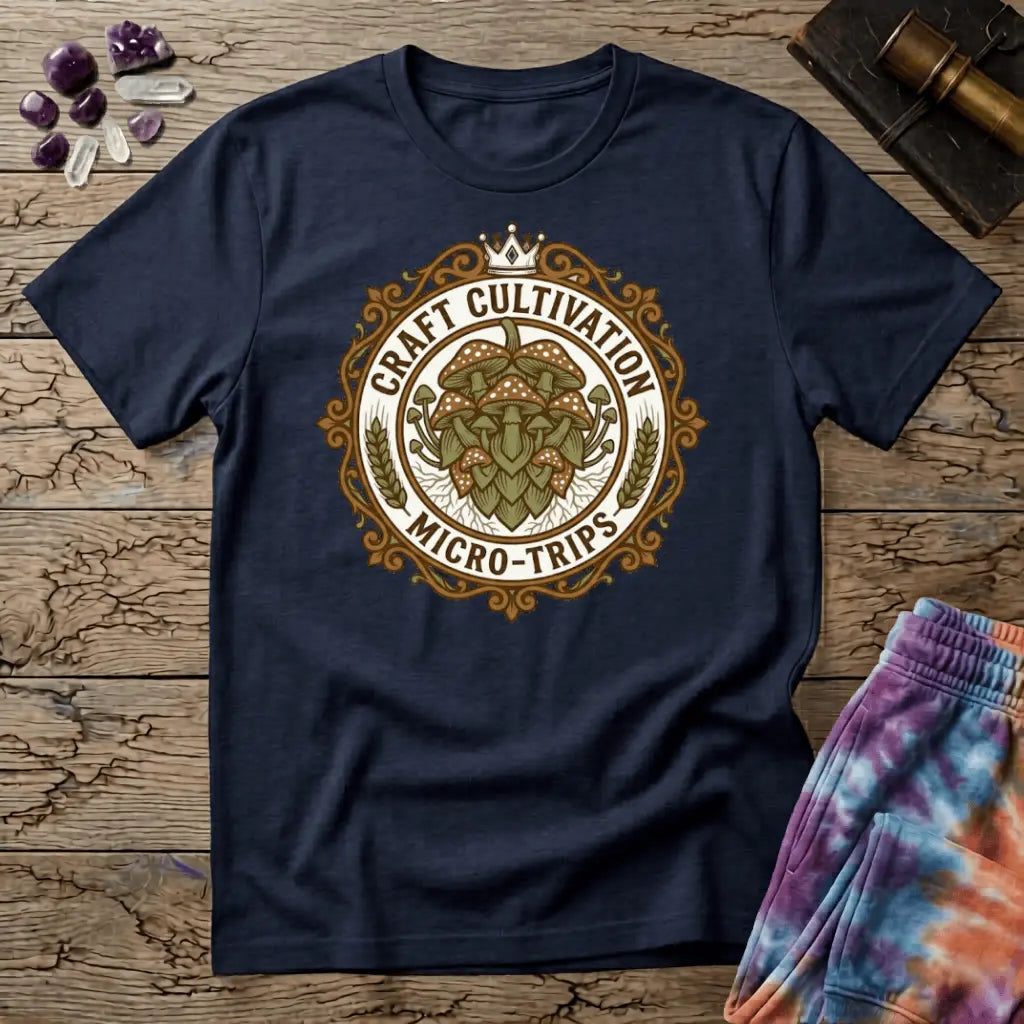 Vintage brewery-style badge with a cluster of mushrooms, wheat sprigs and a crown, reading Craft Cultivation Micro-Trips, on a unisex t-shirt