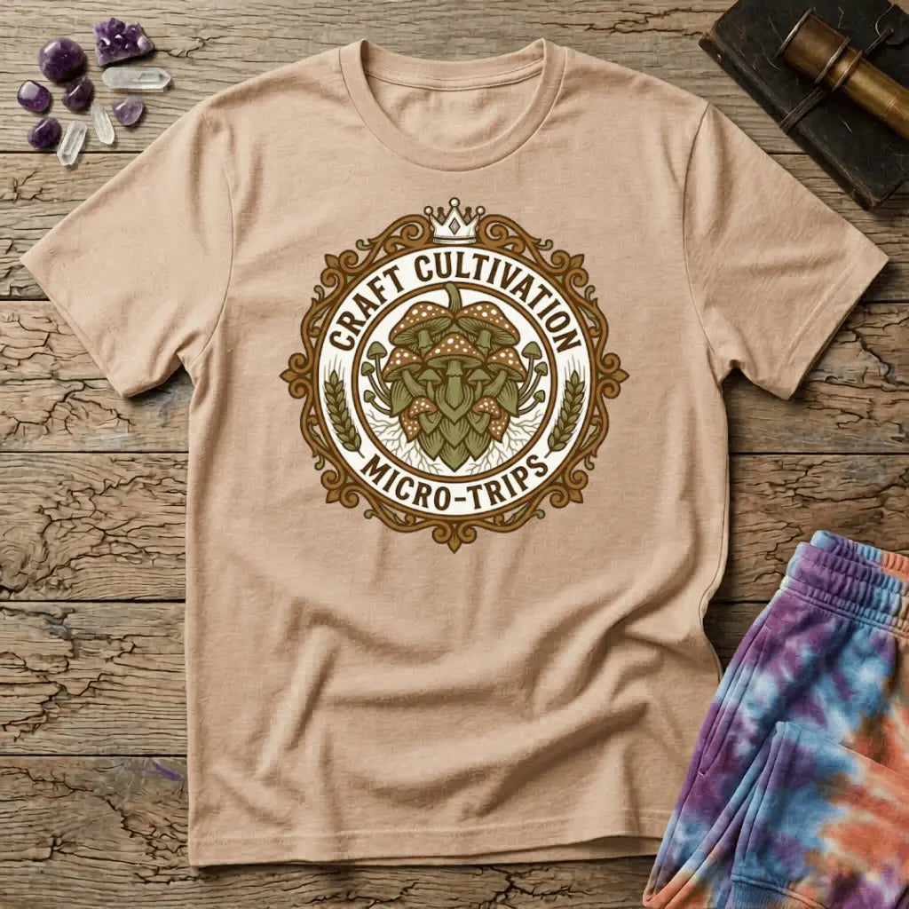 Vintage brewery-style badge with a cluster of mushrooms, wheat sprigs and a crown, reading Craft Cultivation Micro-Trips, on a unisex t-shirt