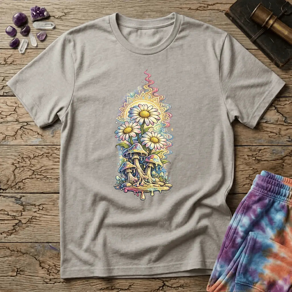 Daisies blooming from dripping mushrooms in front of a glowing sun mandala and rainbow trails, on a unisex t-shirt