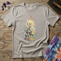 Daisies blooming from dripping mushrooms in front of a glowing sun mandala and rainbow trails, on a unisex t-shirt