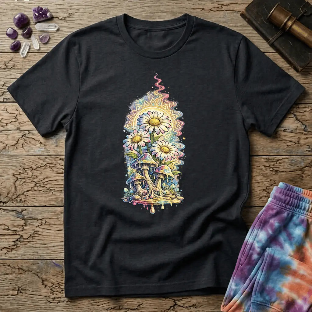 Daisies blooming from dripping mushrooms in front of a glowing sun mandala and rainbow trails, on a unisex t-shirt