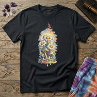 Daisies blooming from dripping mushrooms in front of a glowing sun mandala and rainbow trails, on a unisex t-shirt