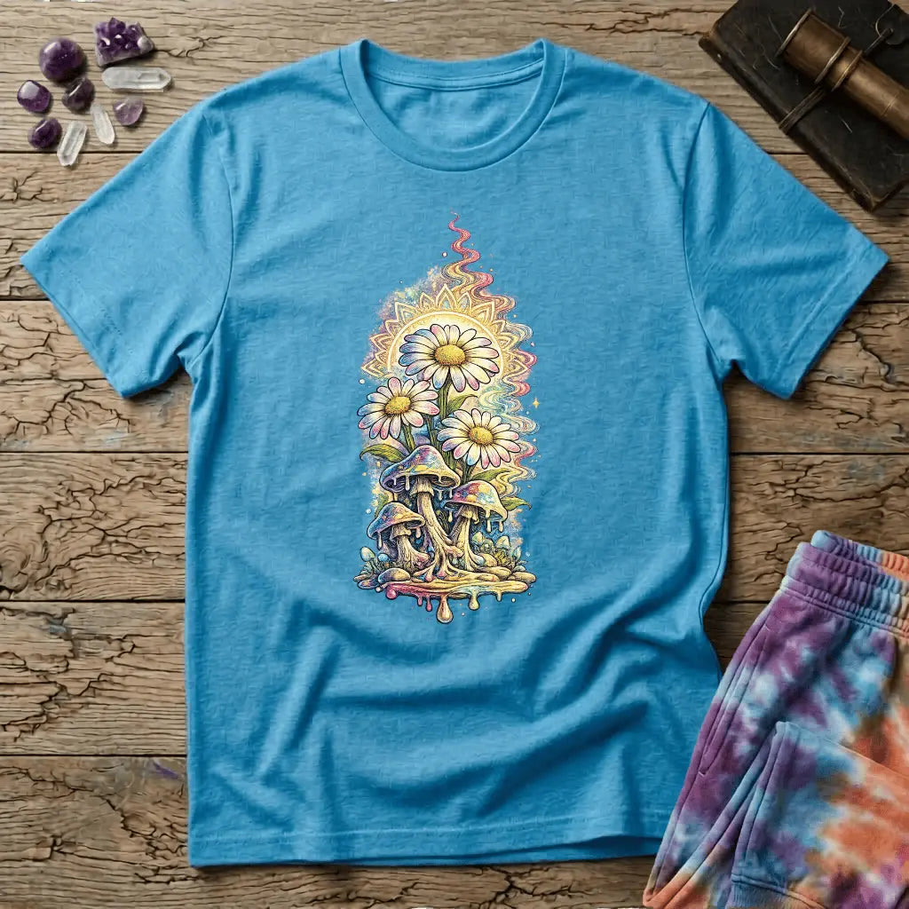 Daisies blooming from dripping mushrooms in front of a glowing sun mandala and rainbow trails, on a unisex t-shirt