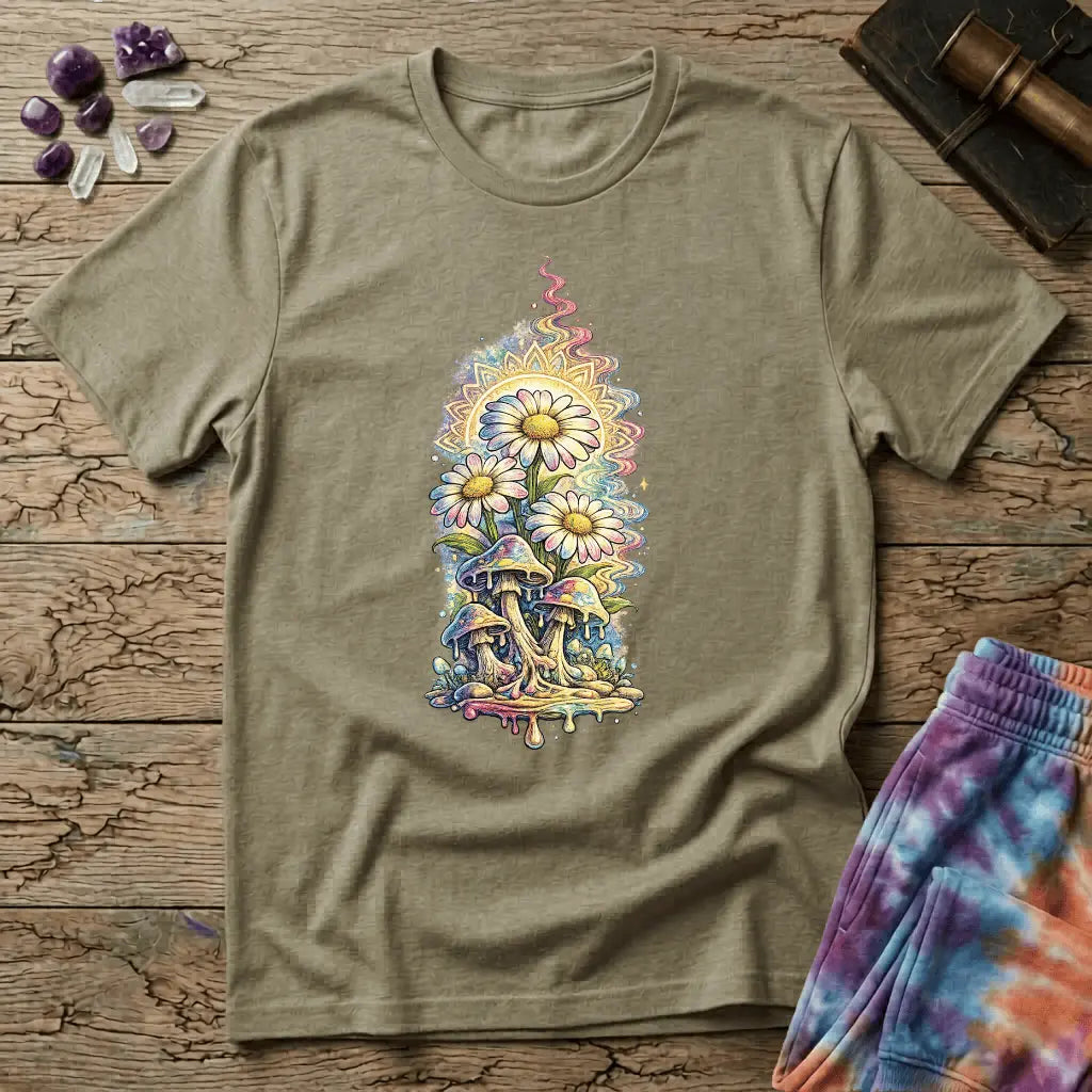 Daisies blooming from dripping mushrooms in front of a glowing sun mandala and rainbow trails, on a unisex t-shirt