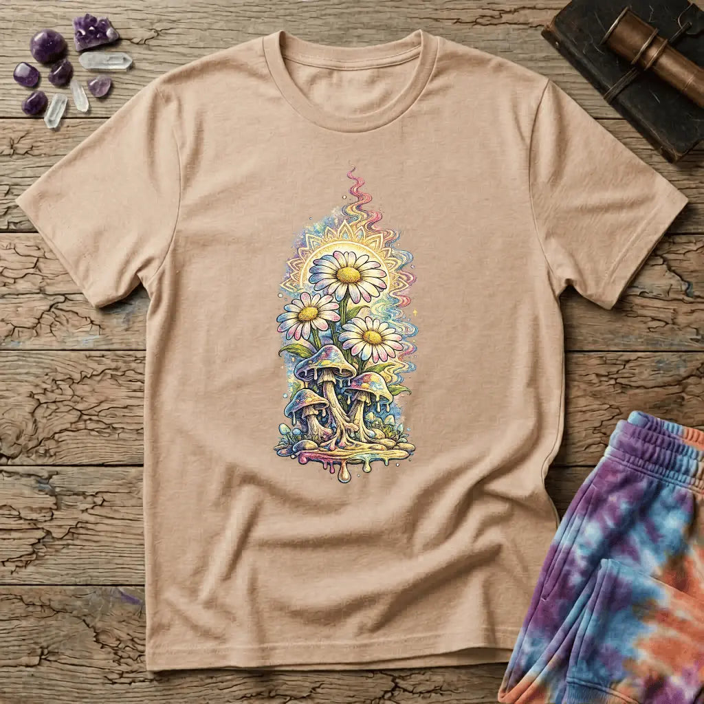 Daisies blooming from dripping mushrooms in front of a glowing sun mandala and rainbow trails, on a unisex t-shirt
