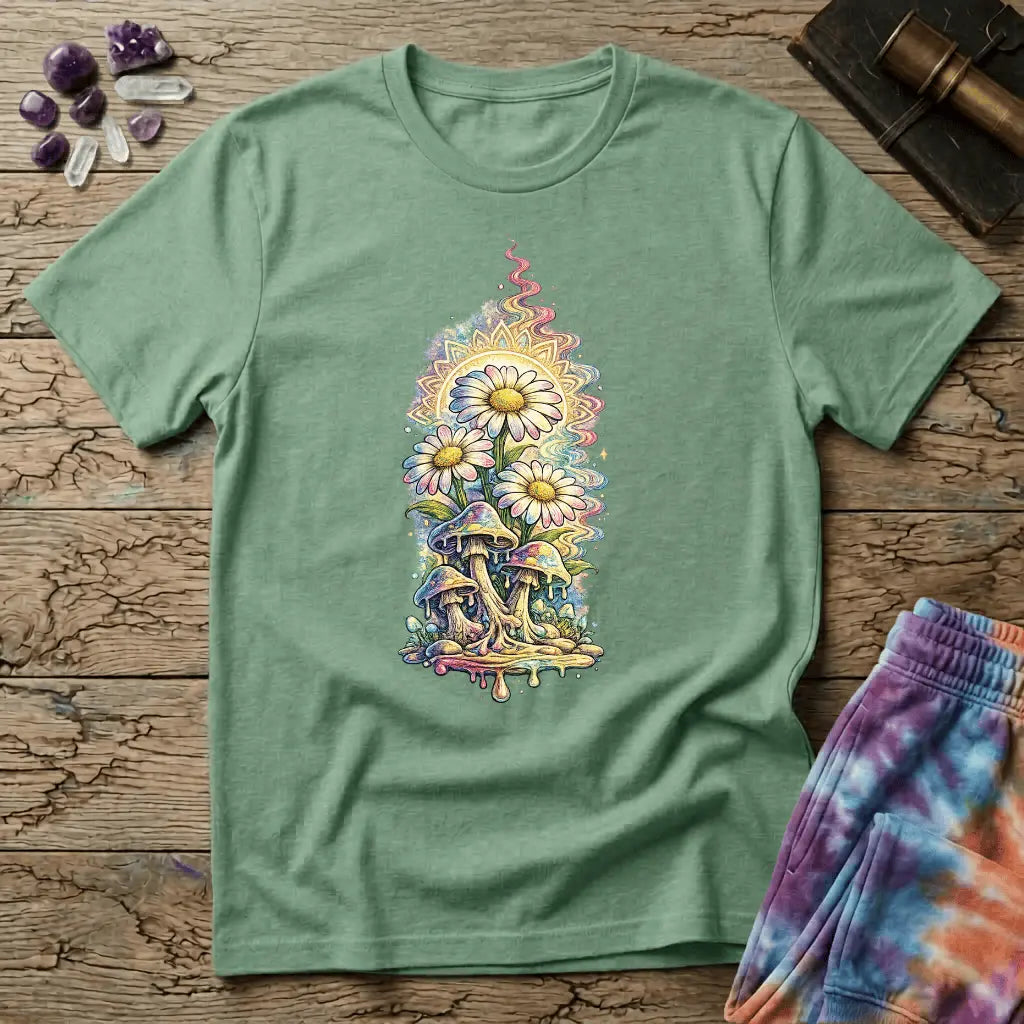Daisies blooming from dripping mushrooms in front of a glowing sun mandala and rainbow trails, on a unisex t-shirt