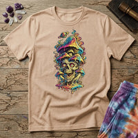 Grinning skull with hypnotic swirling eyes beneath a stack of dripping rainbow mushrooms and a small Saturn, on a unisex t-shirt