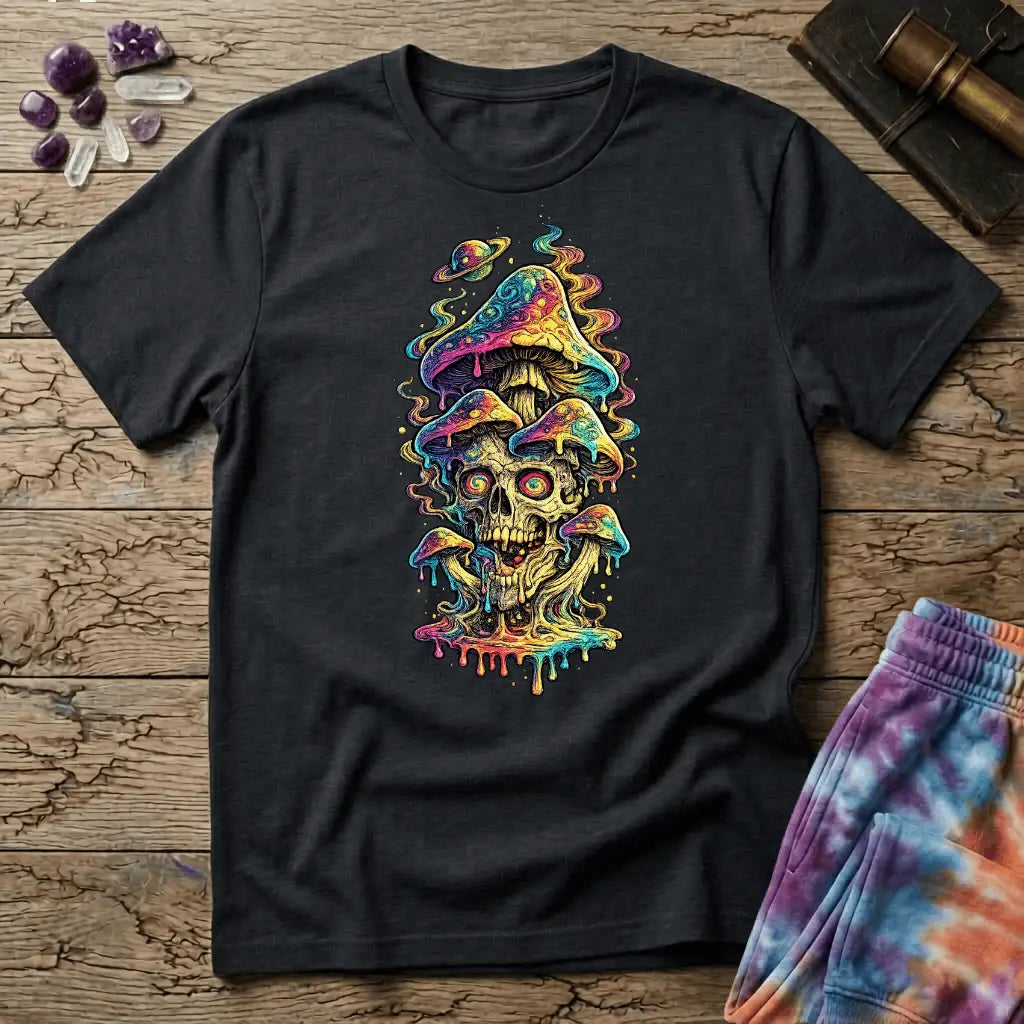 Grinning skull with hypnotic swirling eyes beneath a stack of dripping rainbow mushrooms and a small Saturn, on a unisex t-shirt