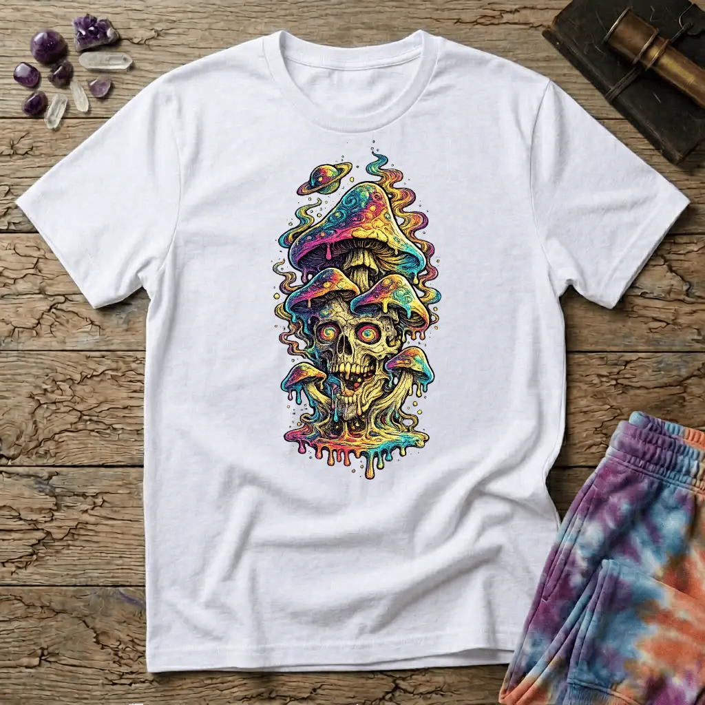 Grinning skull with hypnotic swirling eyes beneath a stack of dripping rainbow mushrooms and a small Saturn, on a unisex t-shirt