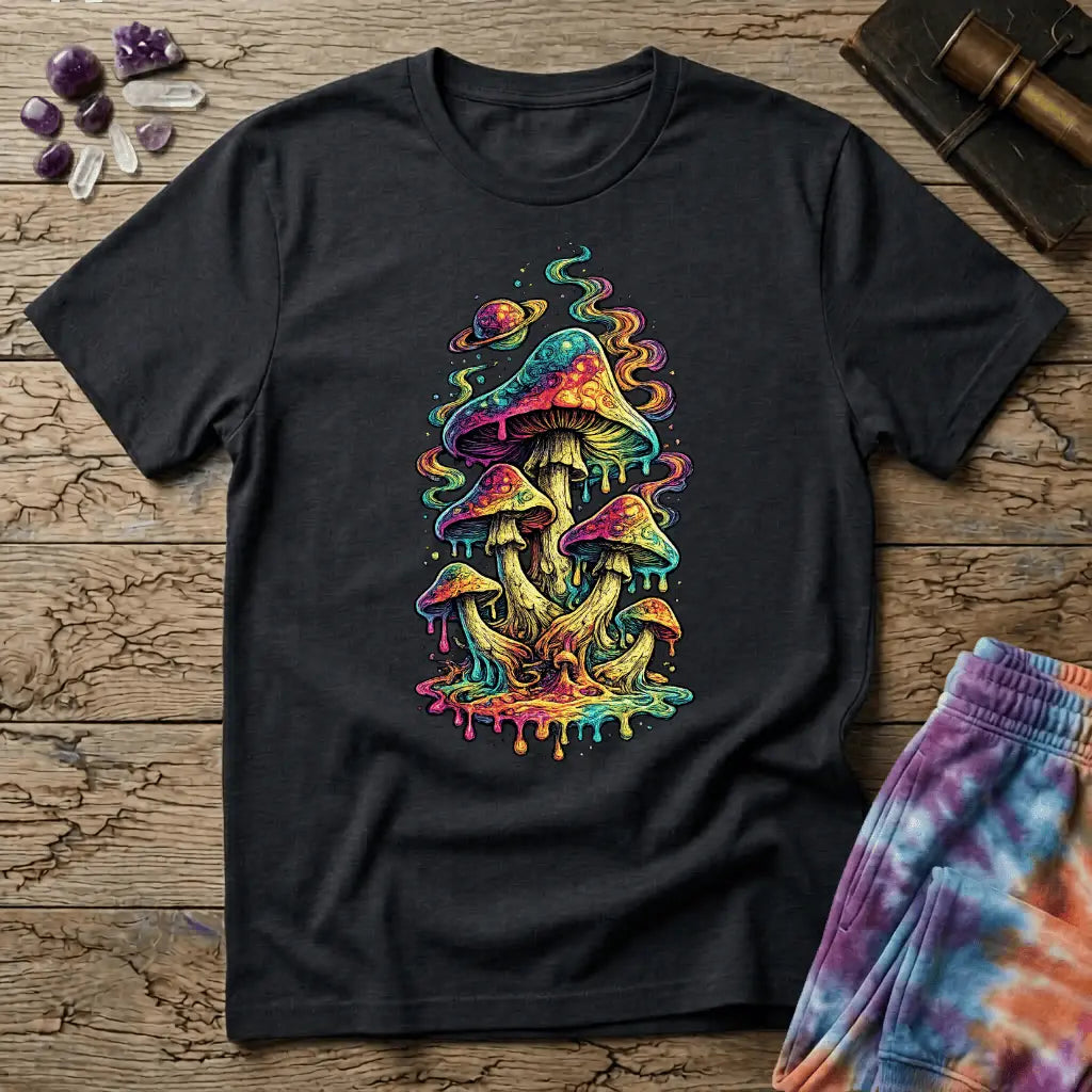 Cluster of neon mushrooms dripping color into a glowing puddle with rainbow tendrils and a floating planet, on a unisex t-shirt