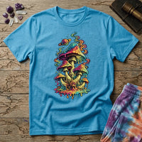 Cluster of neon mushrooms dripping color into a glowing puddle with rainbow tendrils and a floating planet, on a unisex t-shirt