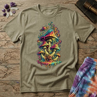 Cluster of neon mushrooms dripping color into a glowing puddle with rainbow tendrils and a floating planet, on a unisex t-shirt