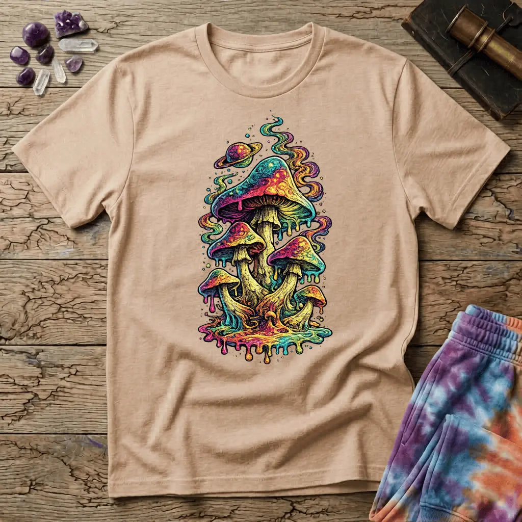 Cluster of neon mushrooms dripping color into a glowing puddle with rainbow tendrils and a floating planet, on a unisex t-shirt