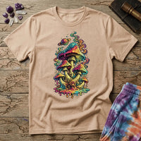 Cluster of neon mushrooms dripping color into a glowing puddle with rainbow tendrils and a floating planet, on a unisex t-shirt