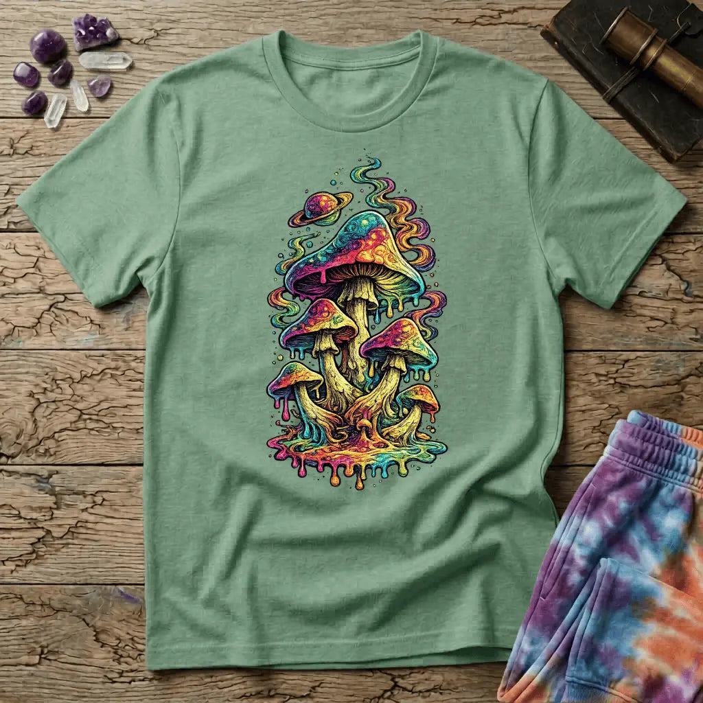 Cluster of neon mushrooms dripping color into a glowing puddle with rainbow tendrils and a floating planet, on a unisex t-shirt