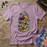 Cluster of neon mushrooms dripping color into a glowing puddle with rainbow tendrils and a floating planet, on a unisex t-shirt