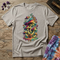 Cluster of neon mushrooms dripping color into a glowing puddle with rainbow tendrils and a floating planet, on a unisex t-shirt