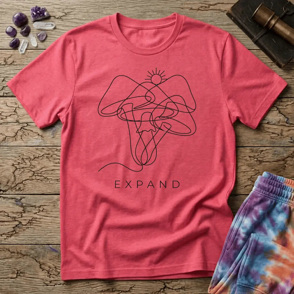Single unbroken line tracing a rising sun into a cluster of mushroom caps and stems, minimalist line art, on a unisex t-shirt